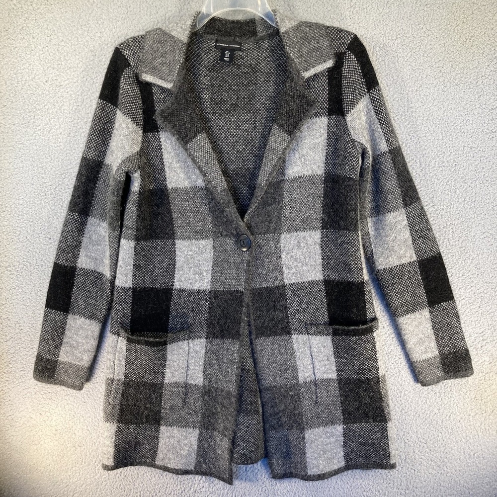 Adrienne Vittadini Sweater Women's Large Black Wool Blend Buffalo Check Cardigan
